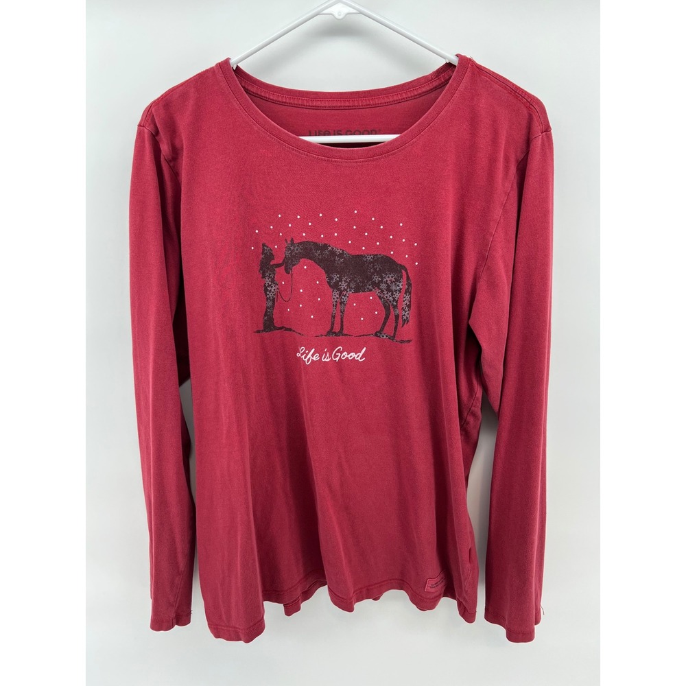 Life is Good Women L Crusher Tee Red Long Sleeve Horse Equestrian Snow Winter